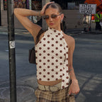 Women's Clothing Summer Lace Up Halterneck Sleeveless T Shirt Sexy Polka Dot Printed Top Wild Vest