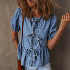 Women's Denim Shirt All Matching Pullover Round Neck Puff Sleeve
