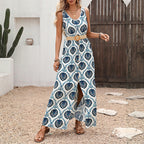 Women's Belt Tight Waist Ethnic Printed V Neck Sleeveless Split Dress Women Summer