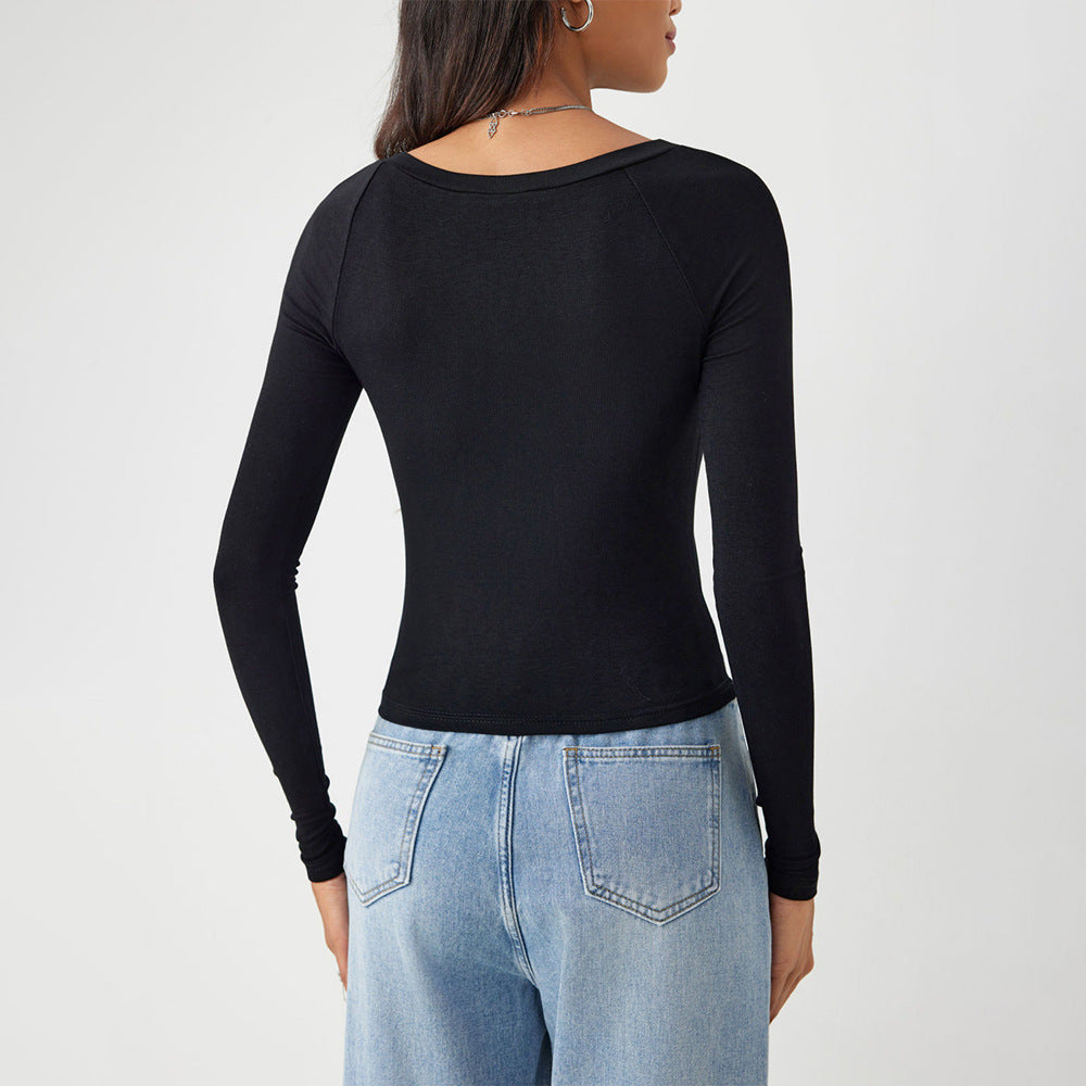 Simple Office T Shirt Round Neck Long Sleeve Slim Fit Slimming