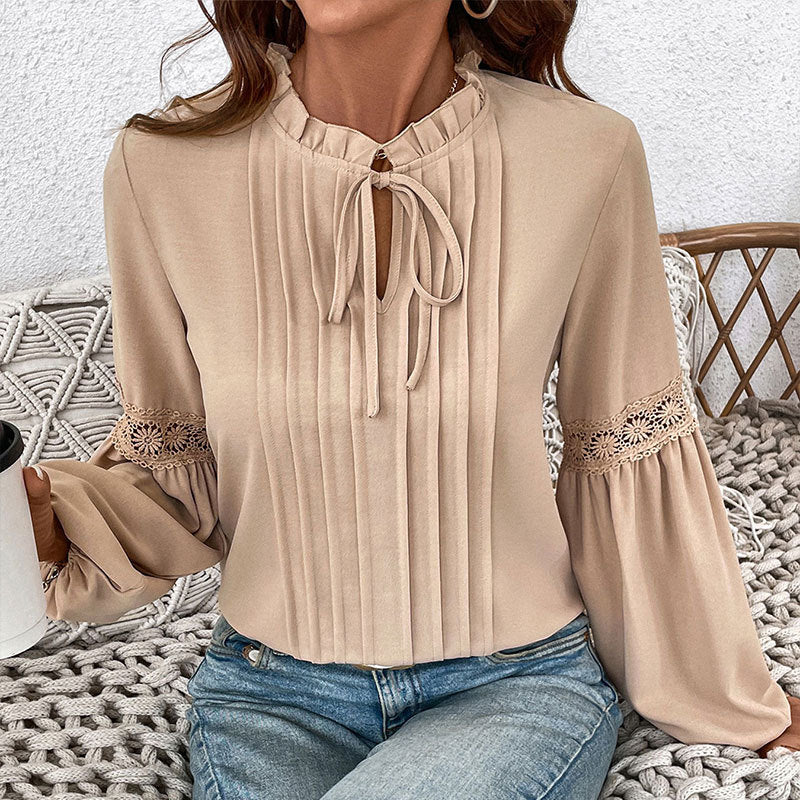 Pleated Tie Front V-Neck Top