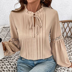 Pleated Tie Front V-Neck Top