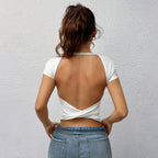 Women’s White Knitted Twisted Backless Long Sleeve Top