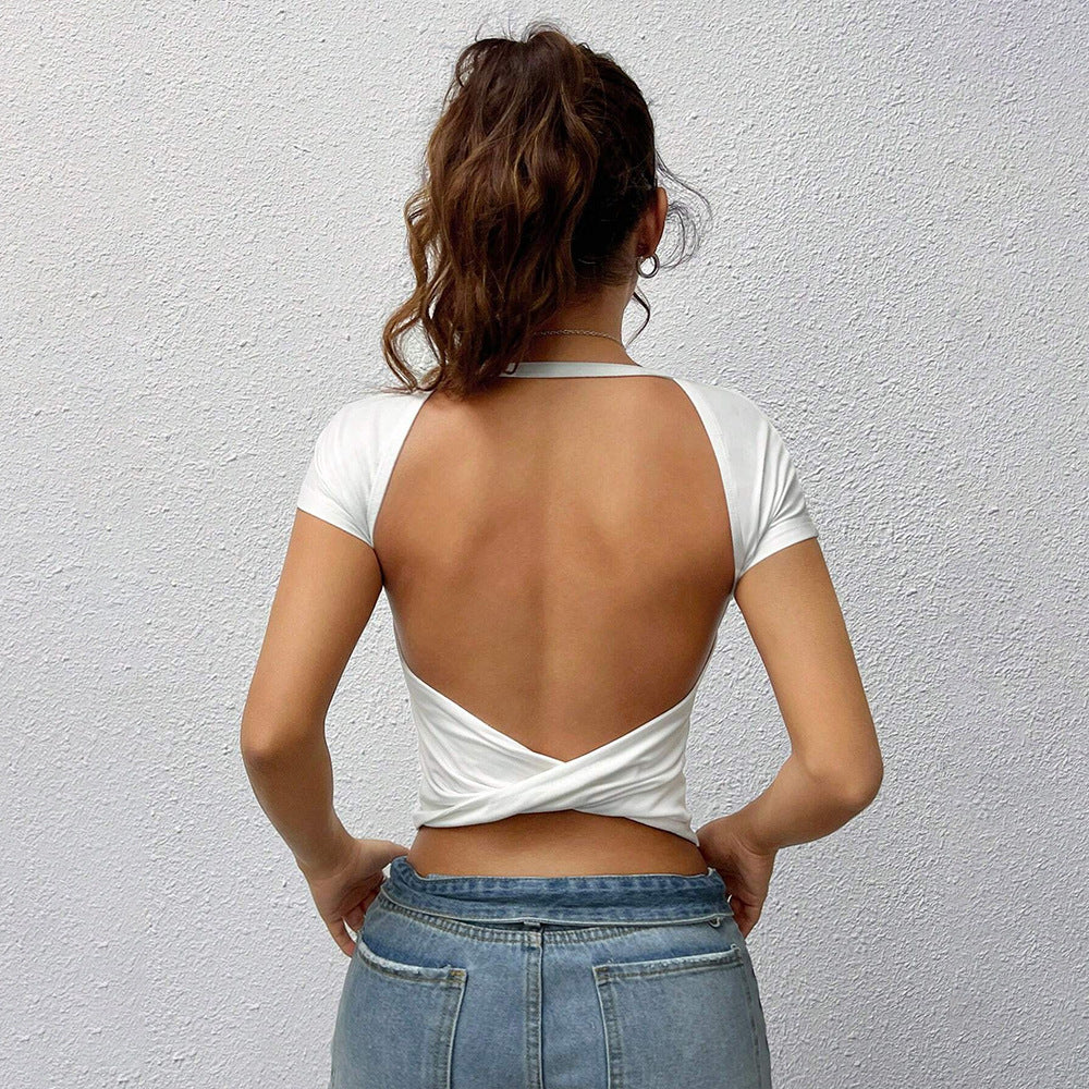Women’s White Knitted Twisted Backless Long Sleeve Top