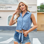 Women's Washed Denim Lace-Up Crop Top