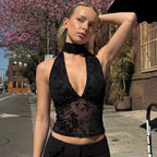 Women Clothing Spring Mesh Halter Sexy V neck Bare Back