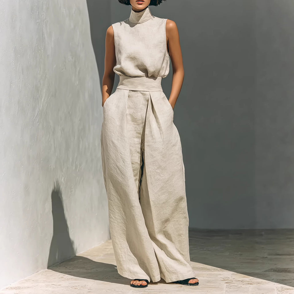 Minimalist Idle Linen Sleeveless Stand Collar Top with High Waist Wide Leg Pants Loose Two Piece Sets Office