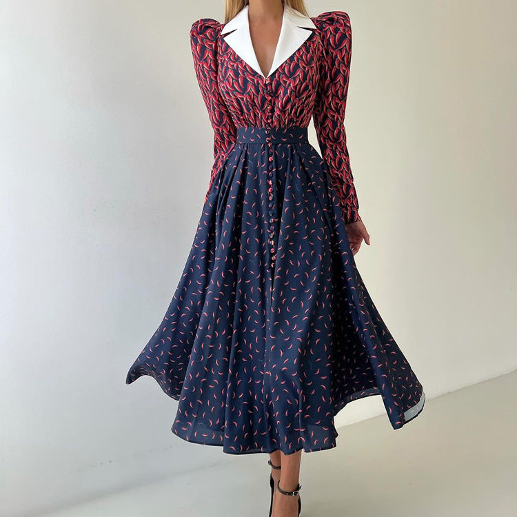 Women's Contrast Color Design Collared Long Sleeve A Line Women Waist Controlled Printed Large Swing Dress