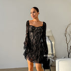 Black Lace Square-Neck Puff-Sleeve Dress