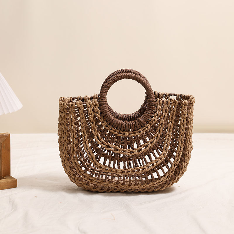 Women's Hollowed Out Semicircle Bag Round Handle Contrast Color Bag