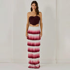 Wine Red Strapless Gradient Tassel Dinner Trip Shoot Stage Wear Two Piece Set
