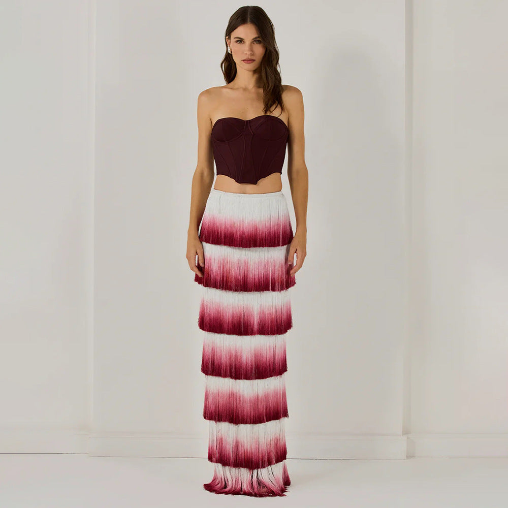 Wine Red Strapless Gradient Tassel Dinner Trip Shoot Stage Wear Two Piece Set