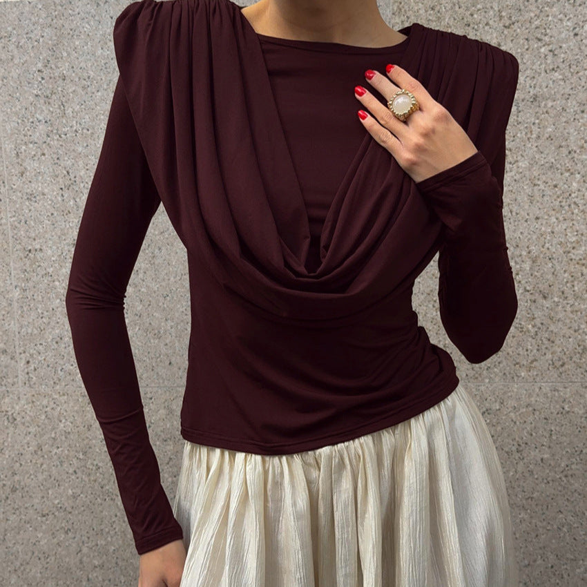 Women's Pleated Waist Tight Swing Collar Long Sleeved T Shirt Women Autumn Winter Beautiful Bottoming Top