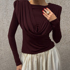 Women's Pleated Waist Tight Swing Collar Long Sleeved T Shirt Women Autumn Winter Beautiful Bottoming Top