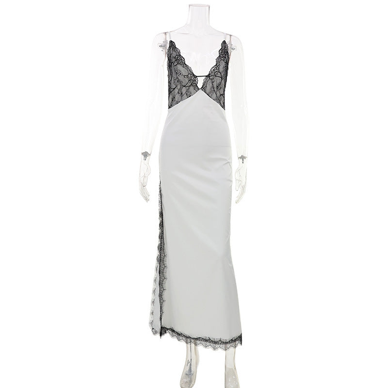Cream satin midi dress with black lace V-neck bodice, spaghetti straps, and side slit