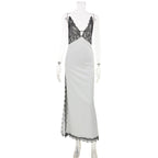 Cream satin midi dress with black lace V-neck bodice, spaghetti straps, and side slit