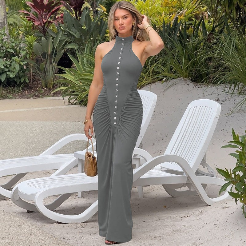 Women's 's Halter Button Ruched Maxi Party Dress