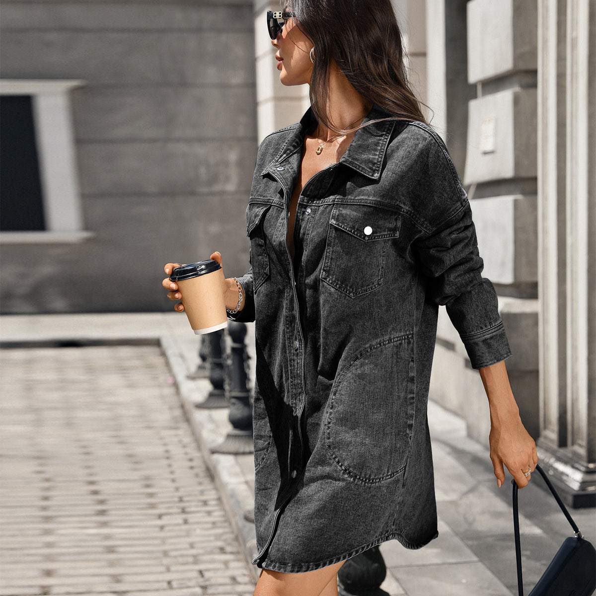 Women's Washed Collared Pocket Denim Shirt For Women