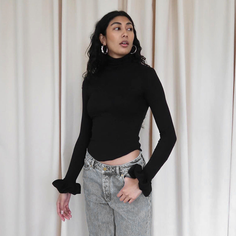 Women's Ruffled Turtleneck U-Hem Long Sleeve Top