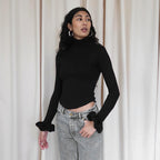 Women's Ruffled Turtleneck U-Hem Long Sleeve Top