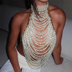 's Festival Heavy Industry Pearl Vest Multi Layer Top Chest Necklace