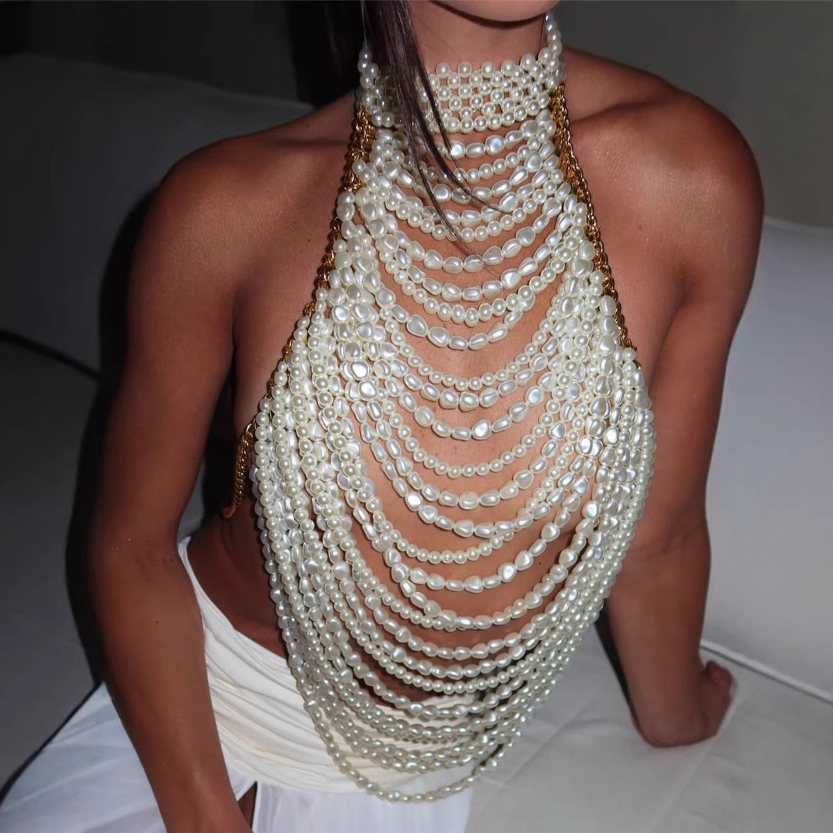 's Festival Heavy Industry Pearl Vest Multi Layer Top Chest Necklace