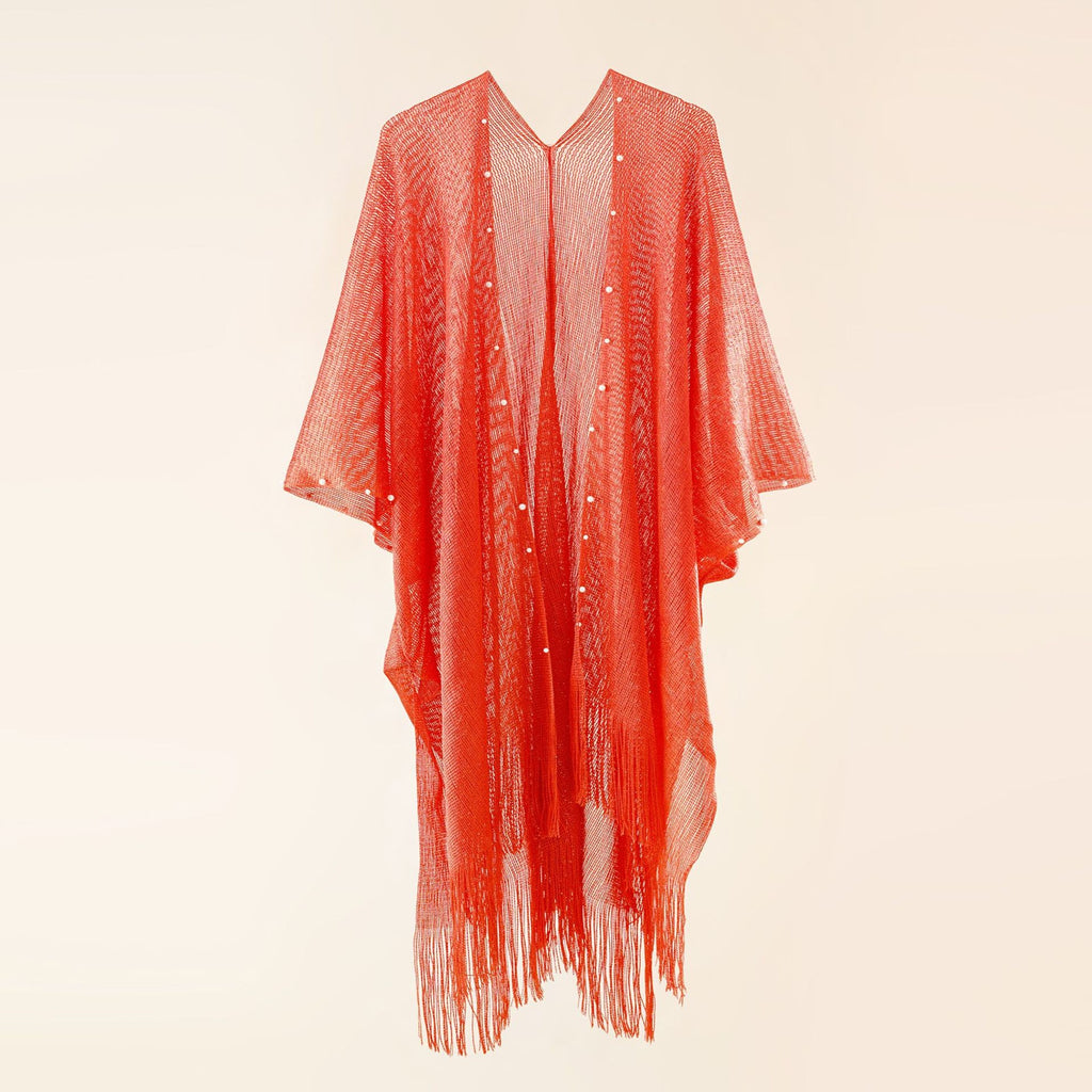 Red pearl-embellished sheer poncho with V-neck and short sleeves, fringed hem