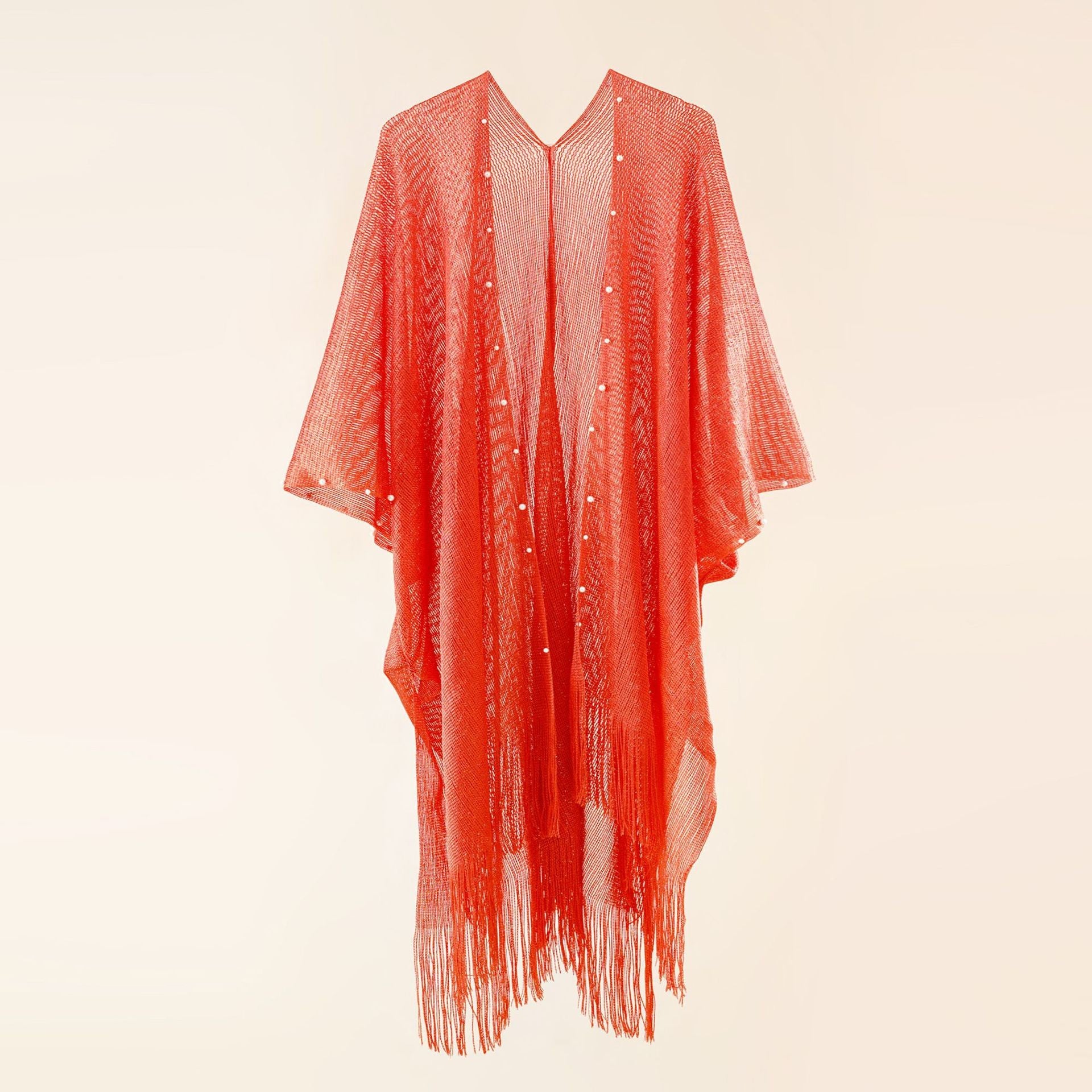 Red pearl-embellished sheer poncho with V-neck and short sleeves, fringed hem