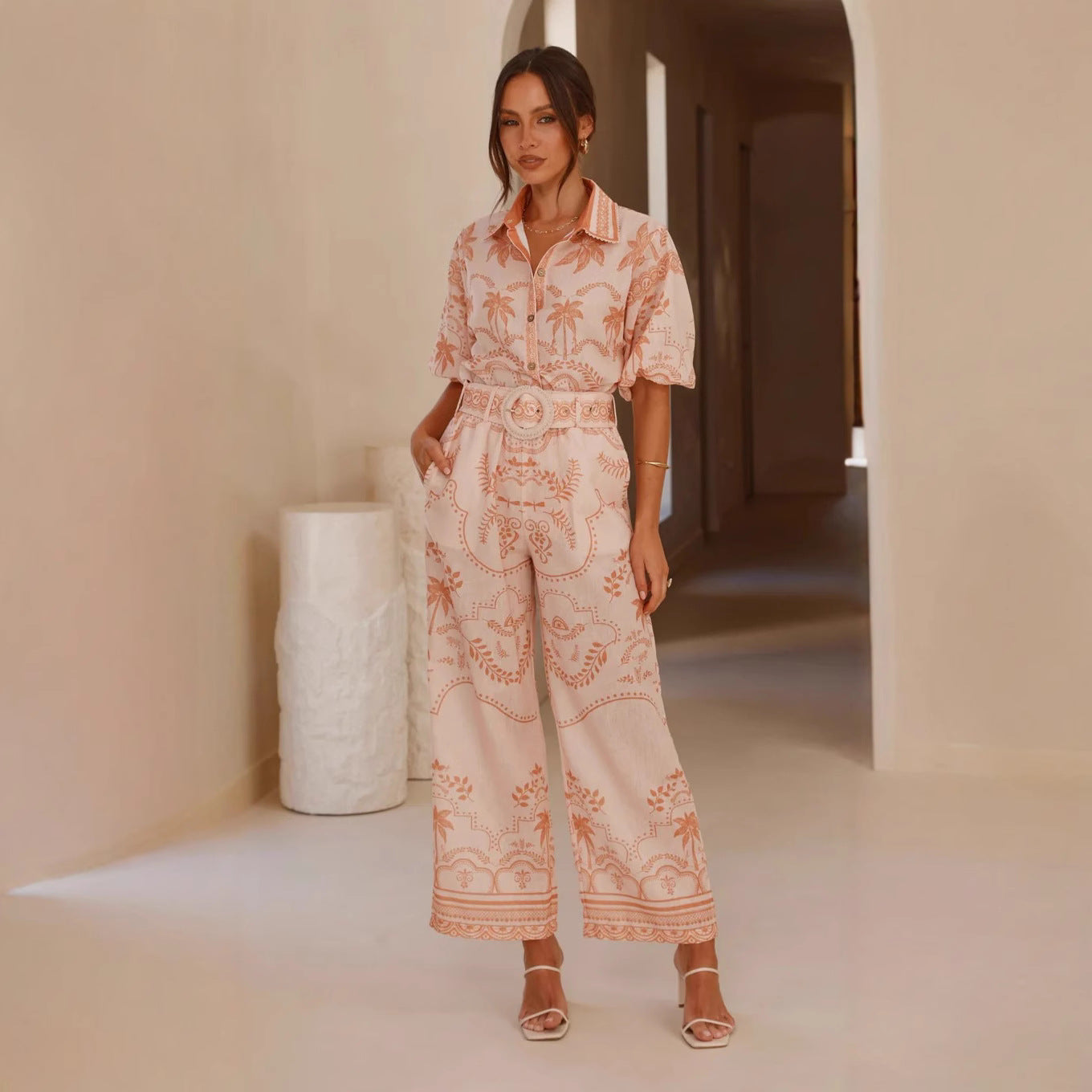 Casual Linen Short Sleeve Belt Slimming Set