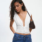 Solid Color Twisted V-Neck Sleeveless Slim Top