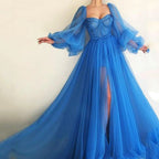 Mesh V-Neck Boned Split A-Line Maxi Dress