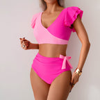 Pink ruffled V-neck bikini one-piece swimsuit with side-tie bottoms