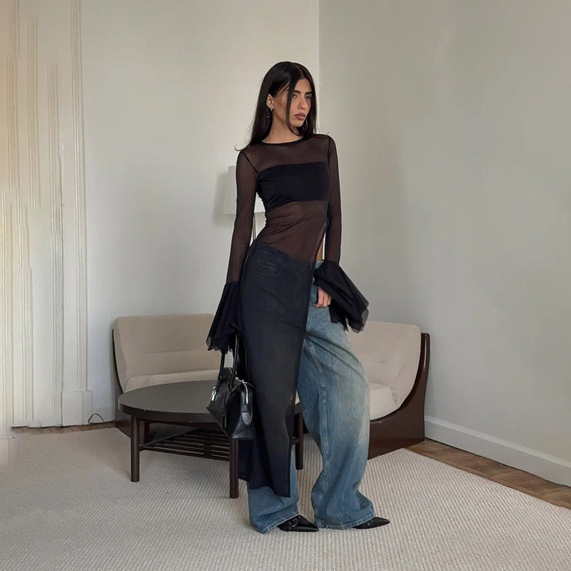 Spring Sexy Mesh See through Slim Fit Cropped Outfit round Neck Flared Sleeves Top