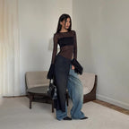 Spring Sexy Mesh See through Slim Fit Cropped Outfit round Neck Flared Sleeves Top