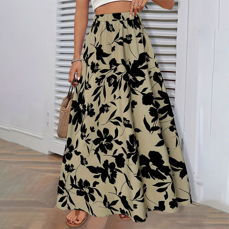 Elastic Waist Printed Long A Line Draping Pleated Skirt