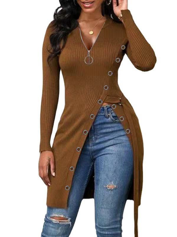 Women's V-Neck Long Sleeve High Slit Thread Zipper T-Shirt