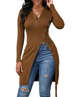 Women's V-Neck Long Sleeve High Slit Thread Zipper T-Shirt
