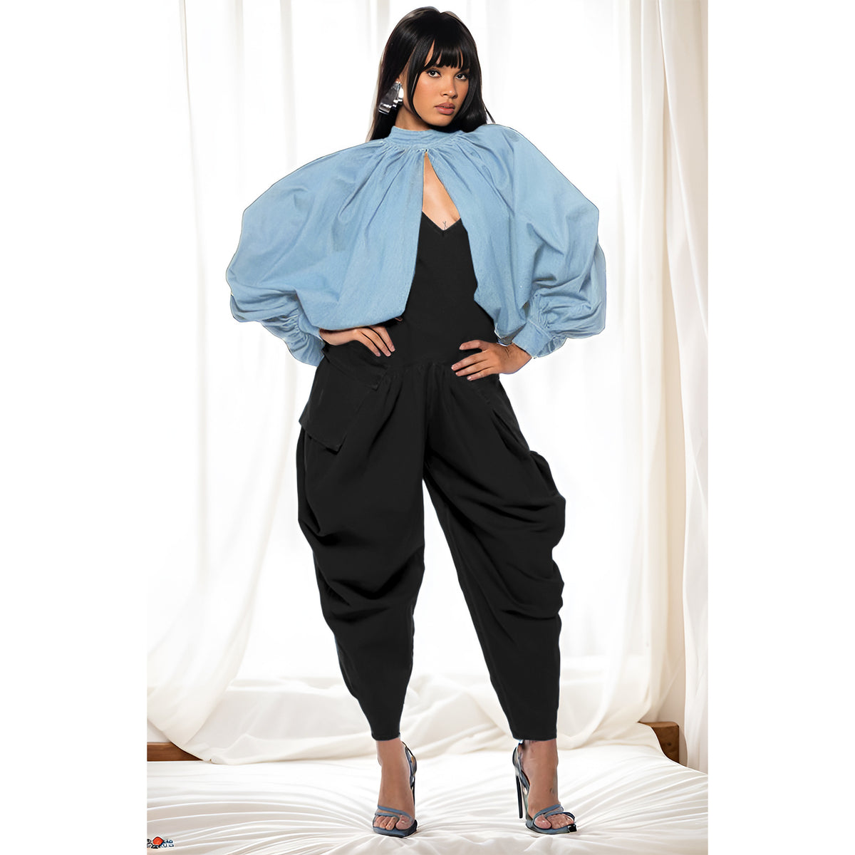 Women's Denim Button Bat Sleeve Backless Cardigan Top