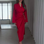 Women Clothing Fall Sexy Pleated Long Sleeve V neck Dress