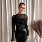Sheer Mesh Rhinestone Long Sleeve Top