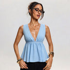 Women's Spring Summer Light Blue French Deep V Plunge neck Backless Lace up Sleeveless Vest Top