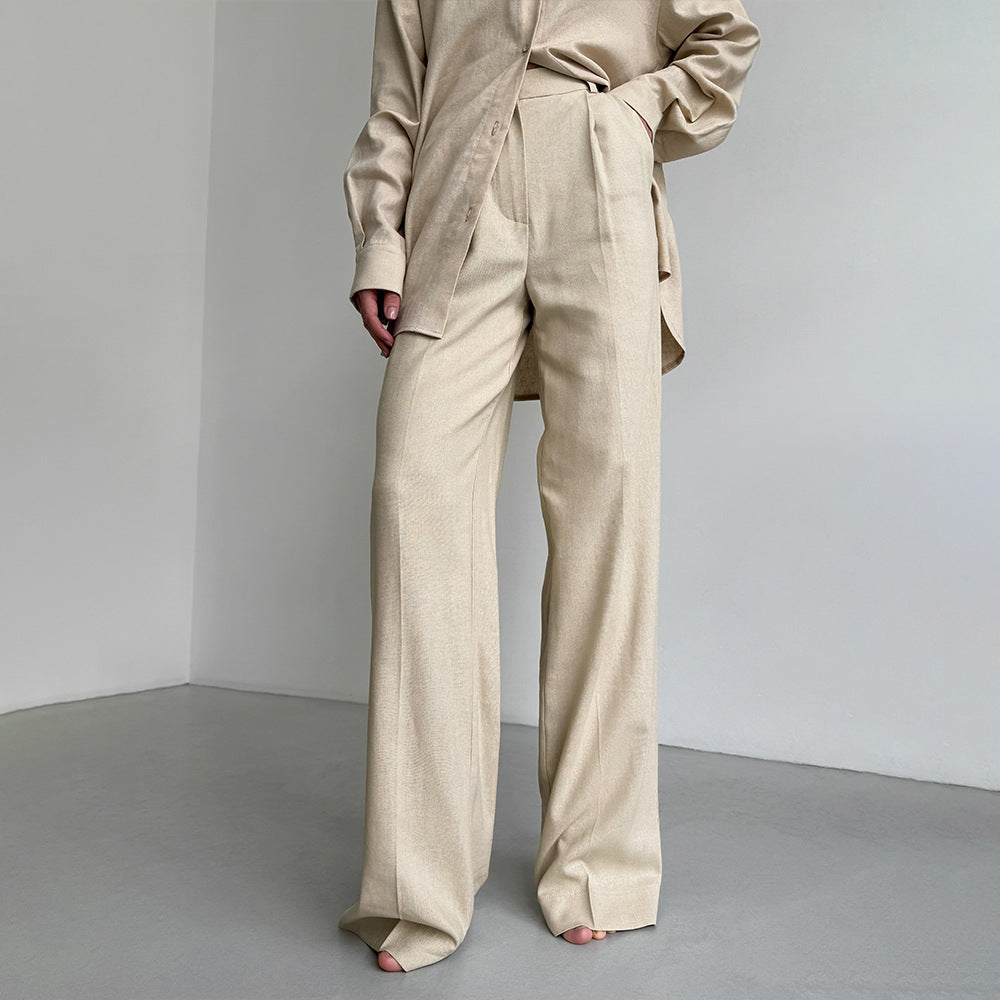 Linen Embellished Work Pant Spring Summer High Waist Pleated Slimming Wide Leg Office Casual Trousers