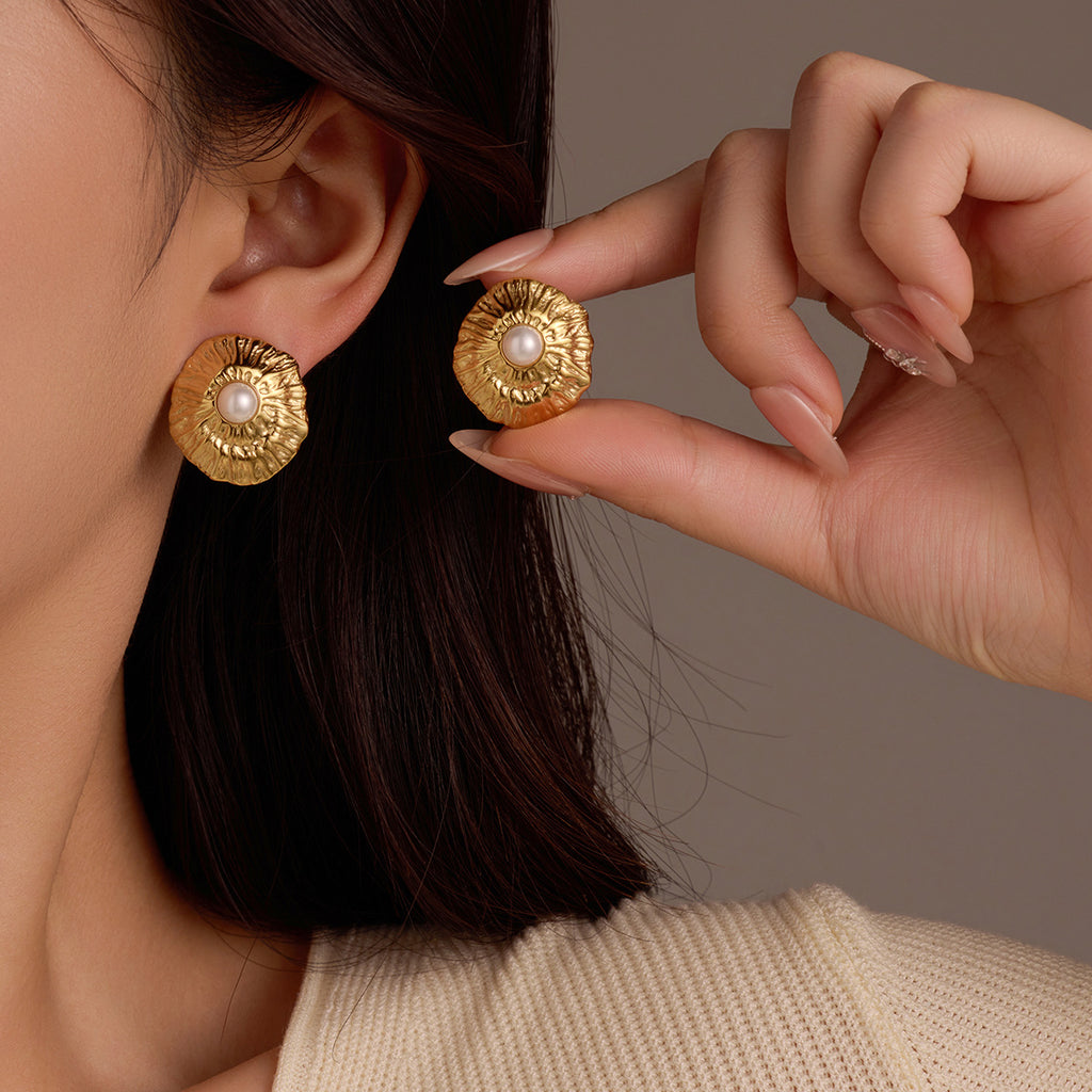 Simple Geometric Abstract Pleated Pearl Studs Delicate