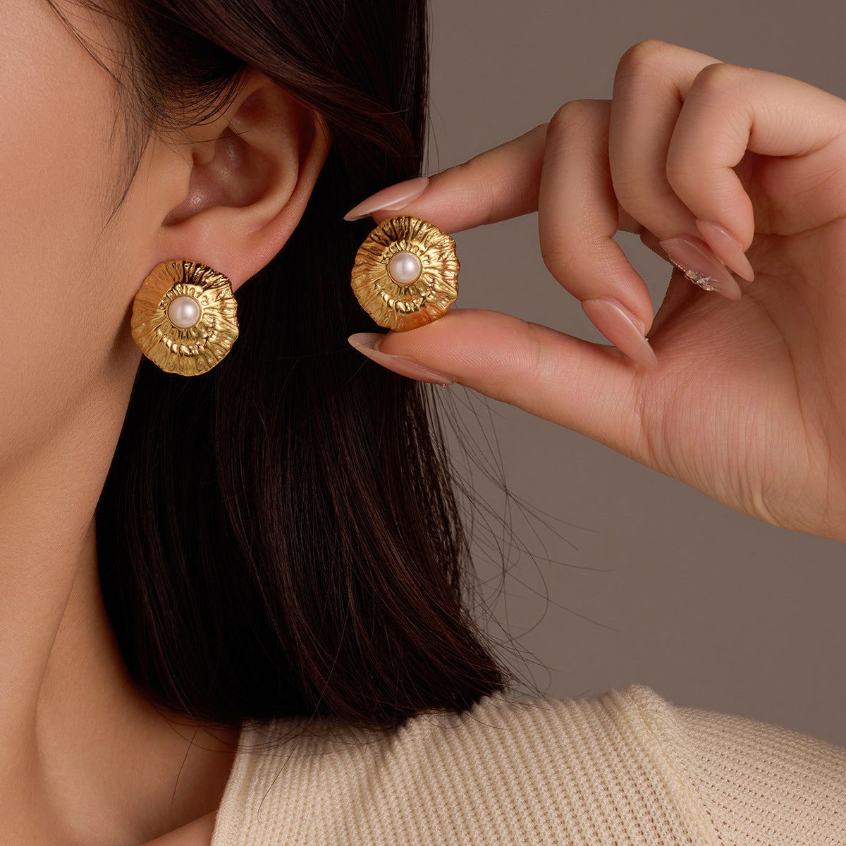 Simple Geometric Abstract Pleated Pearl Studs Delicate