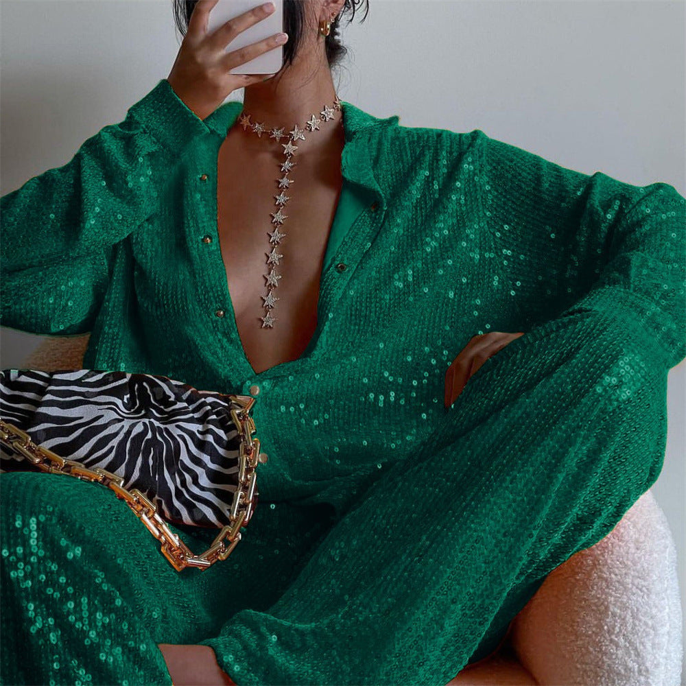 Sequined Long-Sleeve Tops Shirt V-Neck Vest Straight Leg Pants Spring Summer Party Three-Piece Set