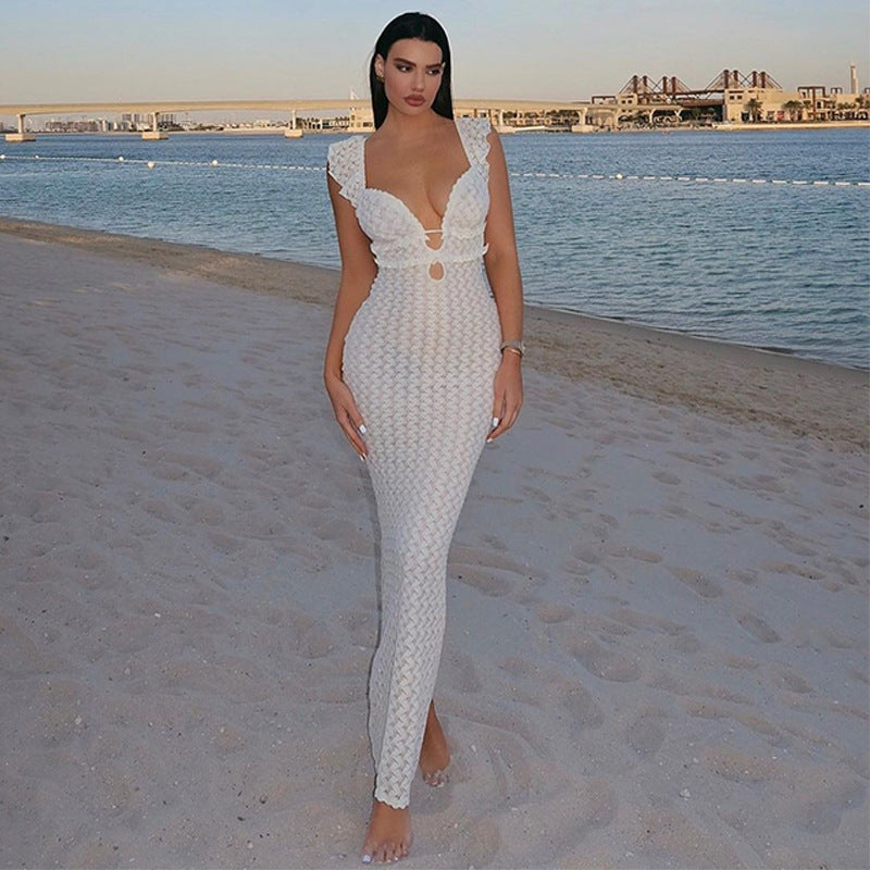 Women's V-Neck Ruffle Cutout Backless Dress