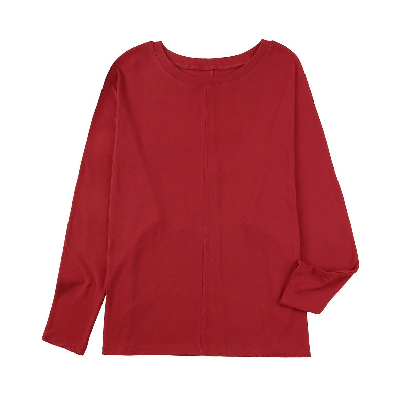 Women's Red Patchwork Long Sleeved Top Women Casual All Matching Base T Shirt