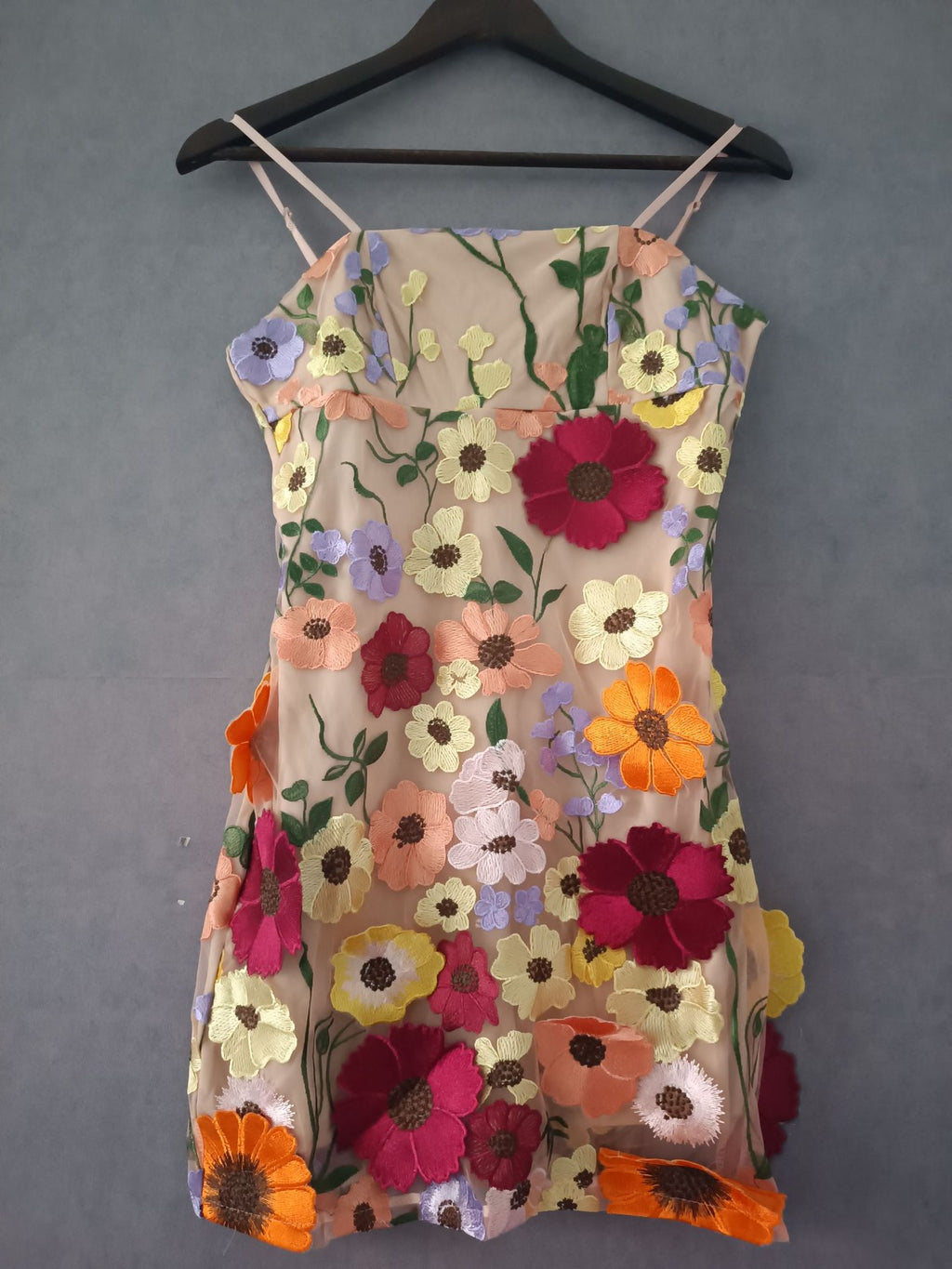 Women's 3D Floral Embroidered Spaghetti Strap Mini Dress