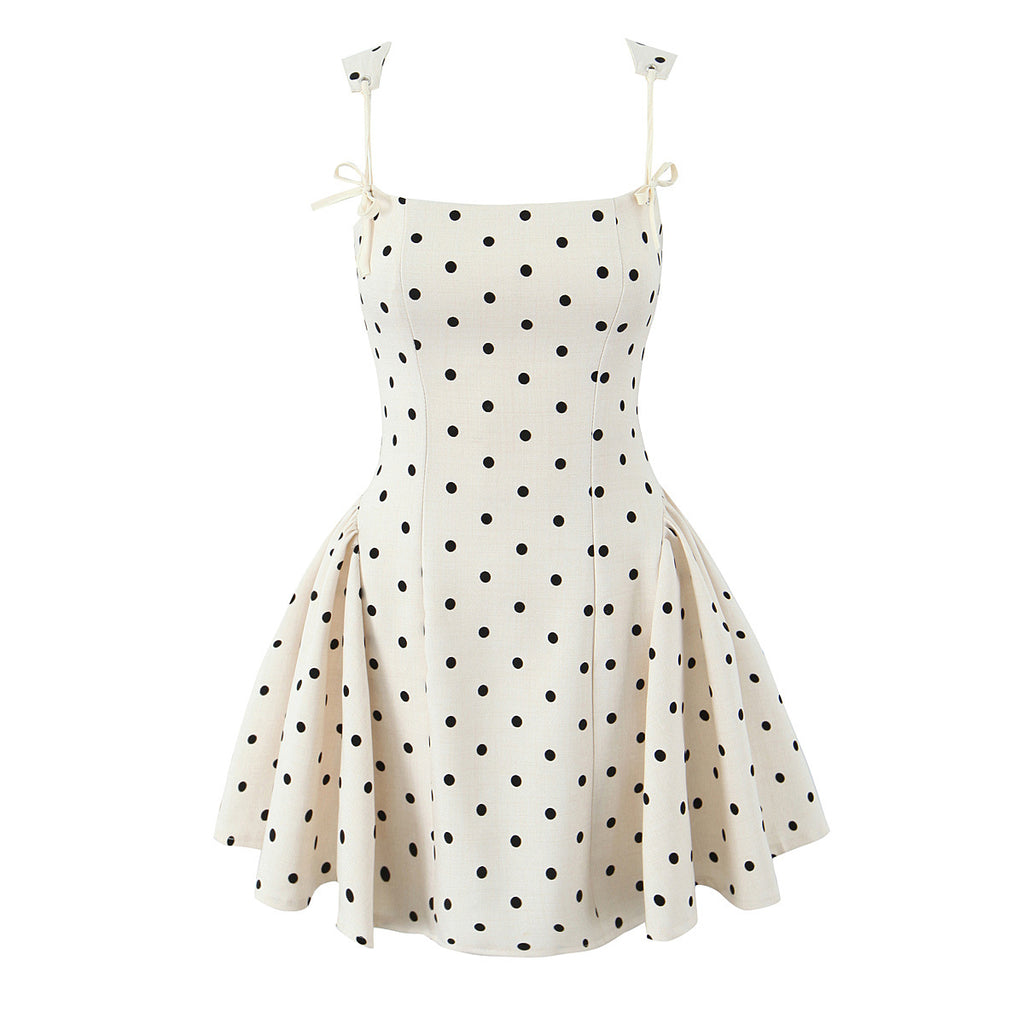 Flocking Polka-Dot Brace Pure Bandage Waist-Defined Puff Short Dress