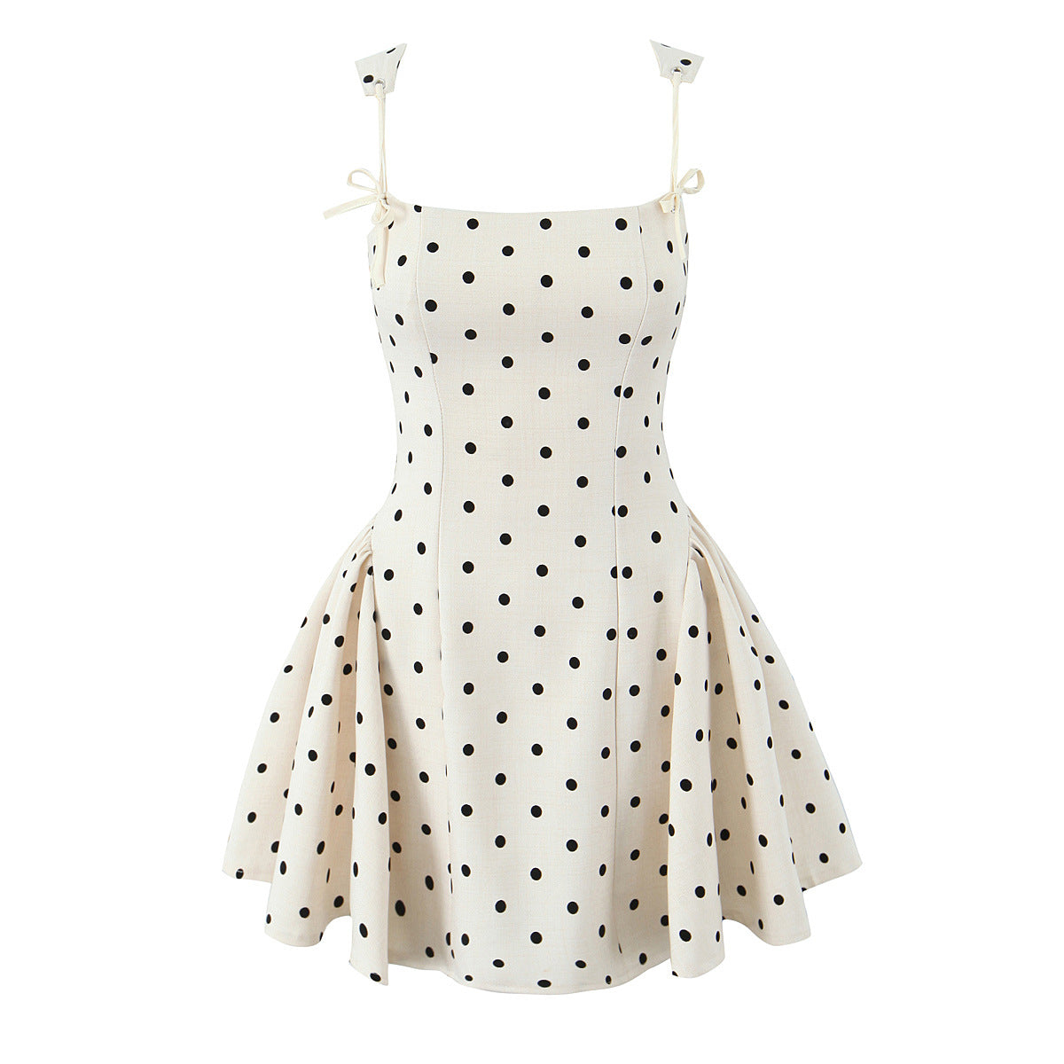 Flocking Polka-Dot Brace Pure Bandage Waist-Defined Puff Short Dress